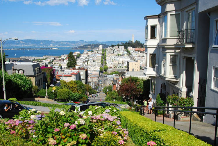 San Francisco - nejprudší silnice Lombard Street se musí sjíždět slalomem mezi květinami